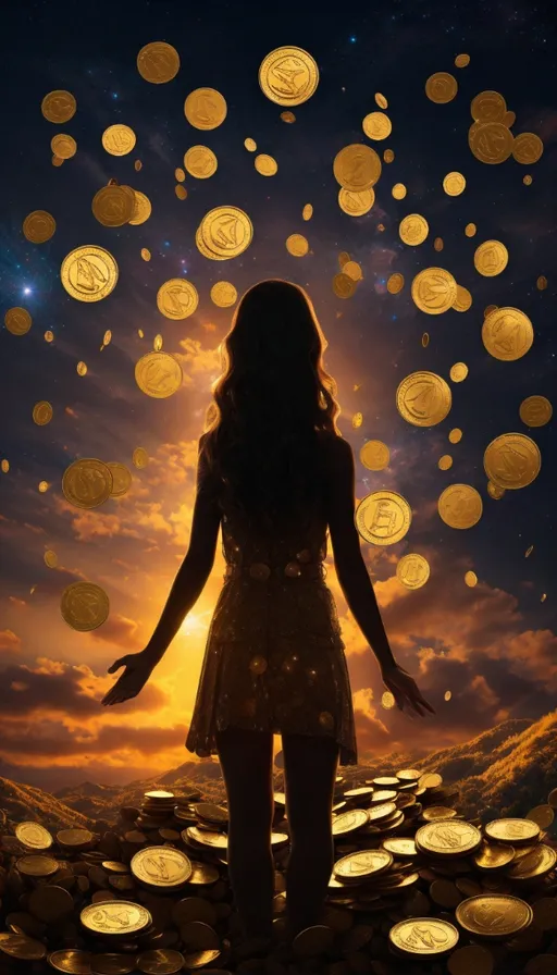 a woman standing in front of a lot of coins