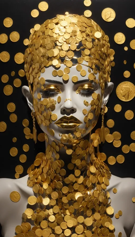 a mannequin with gold coins on it's face