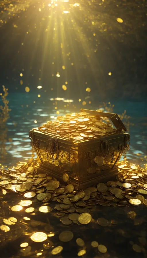 a chest full of gold coins sitting on top of a river