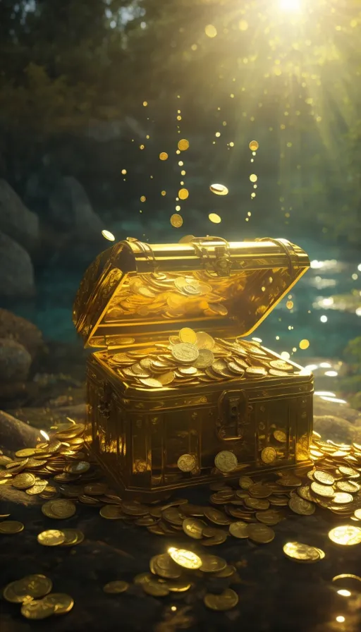 a chest of gold coins sitting on top of a river