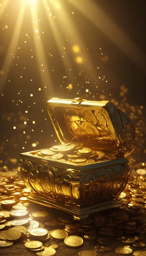 a golden chest of money with the sun shining over it