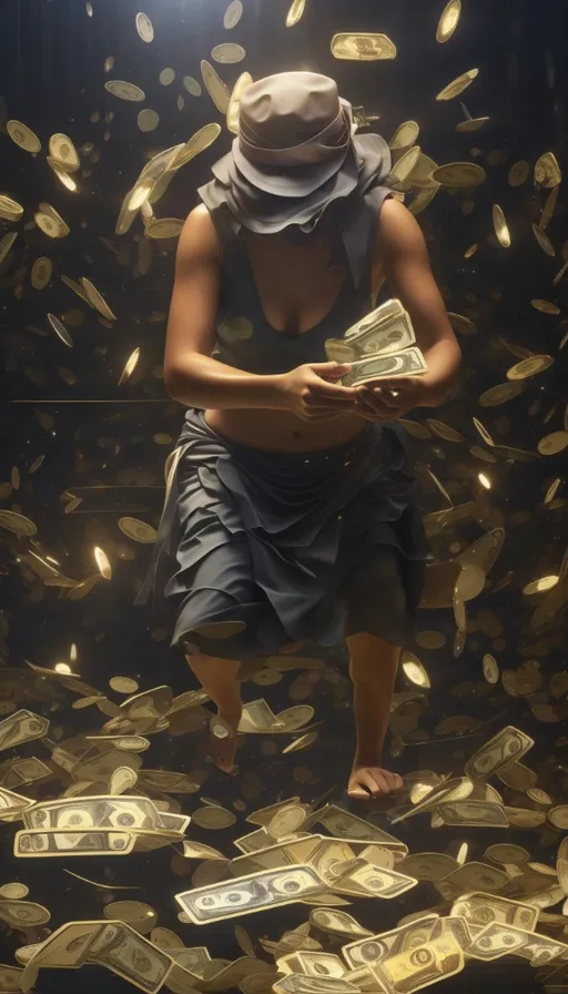 a woman standing in front of a pile of money