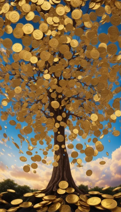 a tree with lots of gold coins growing out of it