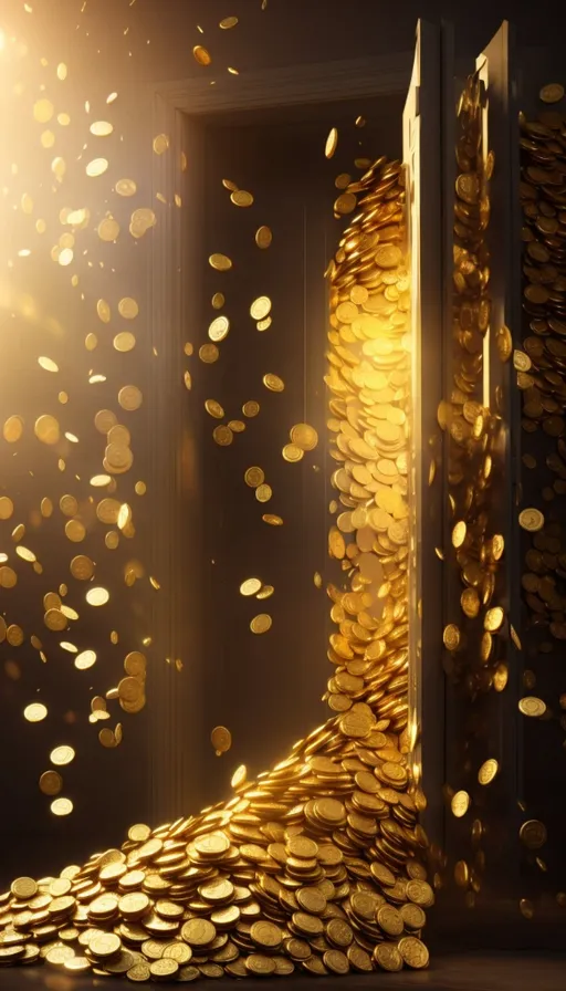 a door with a bunch of gold coins coming out of it