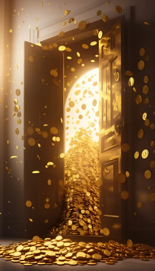 a doorway with gold coins coming out of it