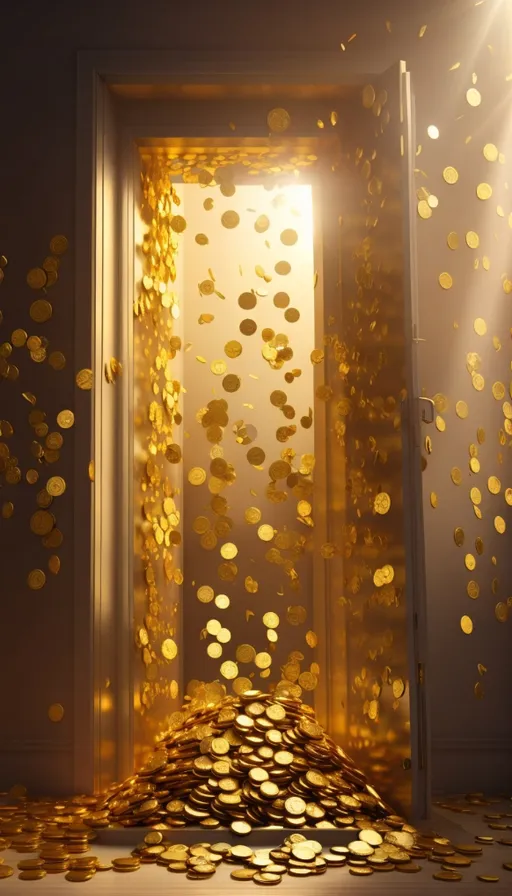 a doorway with a lot of gold coins coming out of it