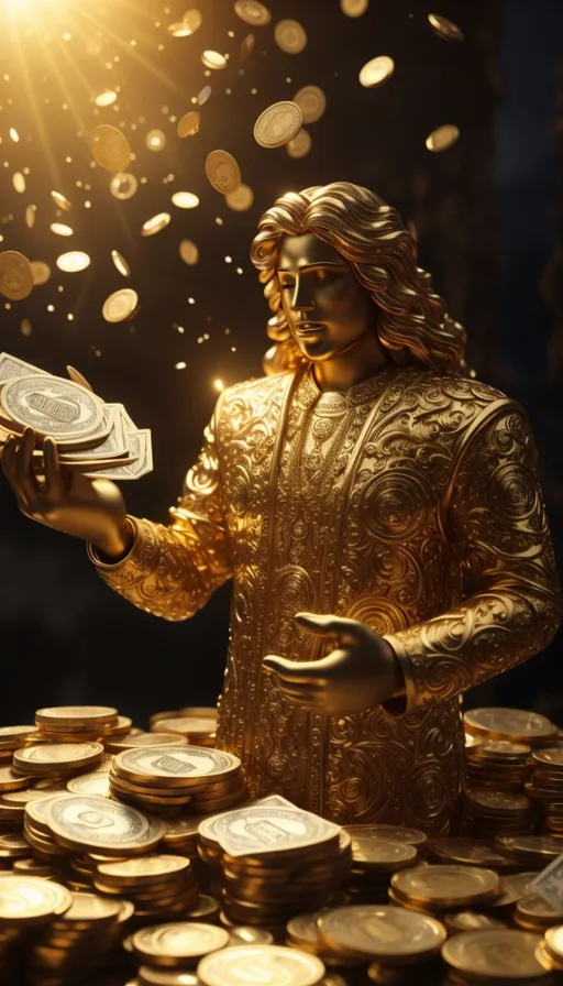 a gold statue holding a stack of coins