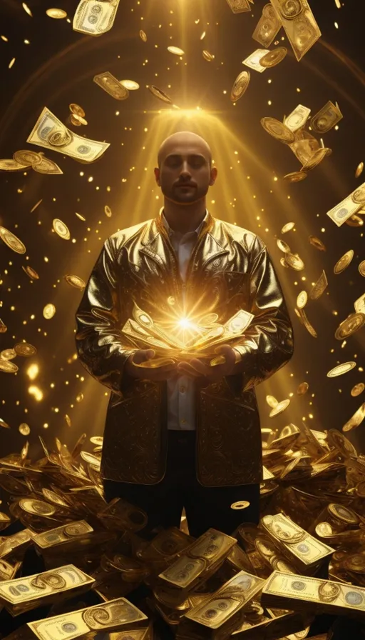 a man standing in front of a pile of money