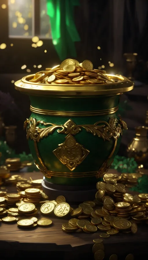 a green pot with gold coins on a table