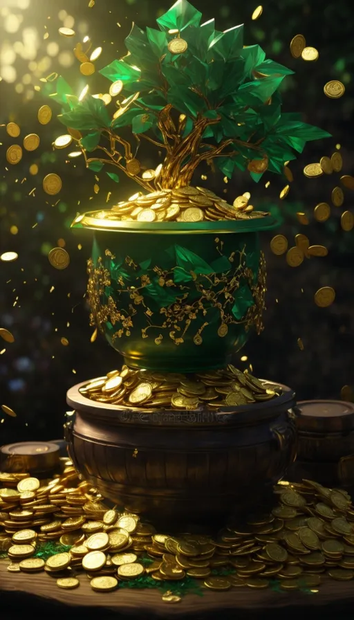 a green pot filled with gold coins on top of a table