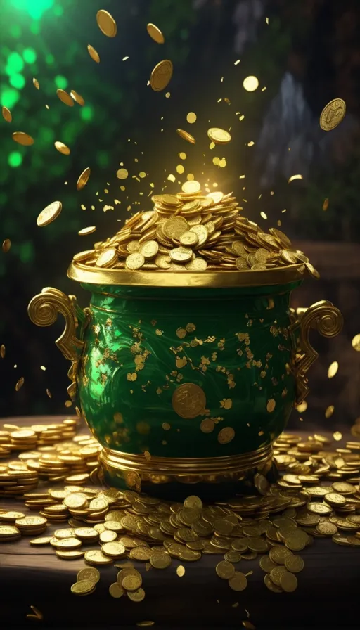 a green pot filled with gold coins on top of a table