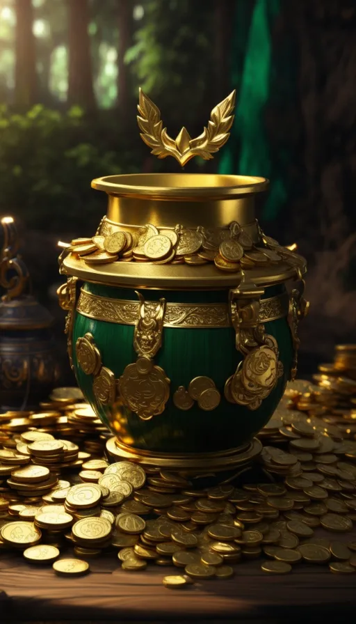 a green pot with gold coins on a table