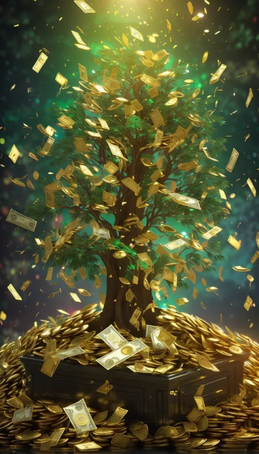 a tree that is on top of a pile of money