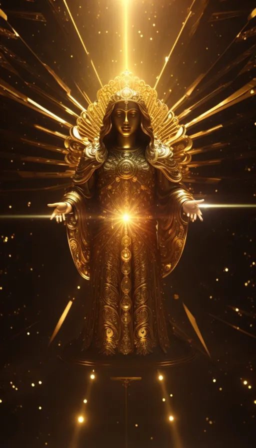 a golden statue of the virgin mary surrounded by stars