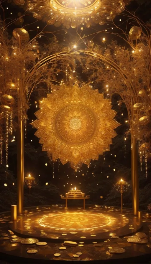 a golden altar surrounded by trees and lights