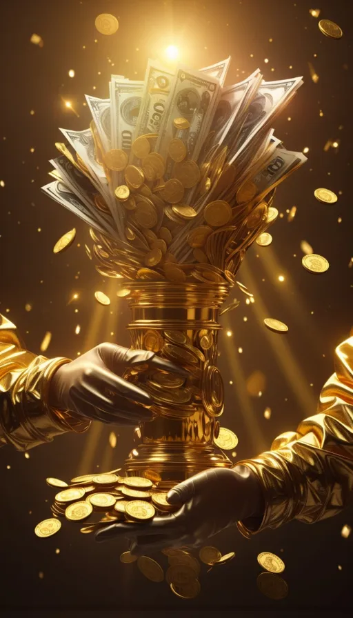 a hand holding a golden cup filled with money