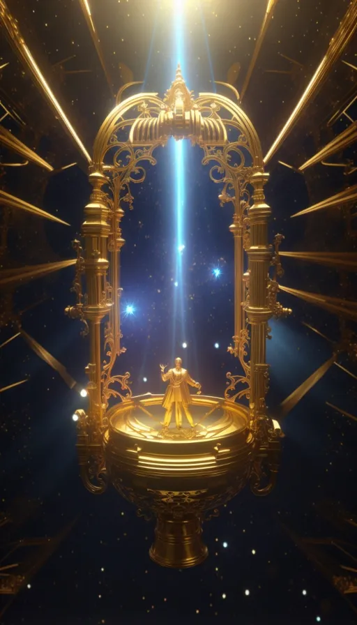 a golden fountain with a bright light in the background