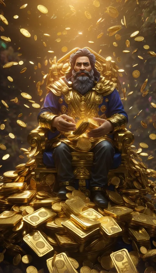 a man sitting on top of a pile of gold coins