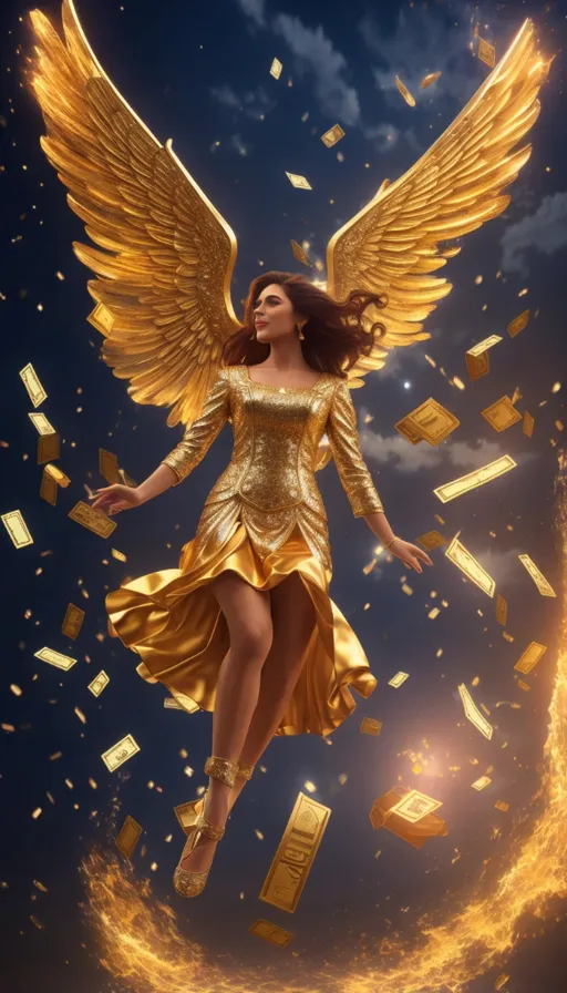 a woman dressed in gold flying through the air