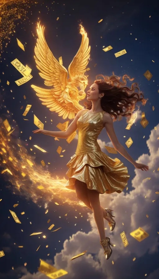 a woman in a gold dress flying through the air