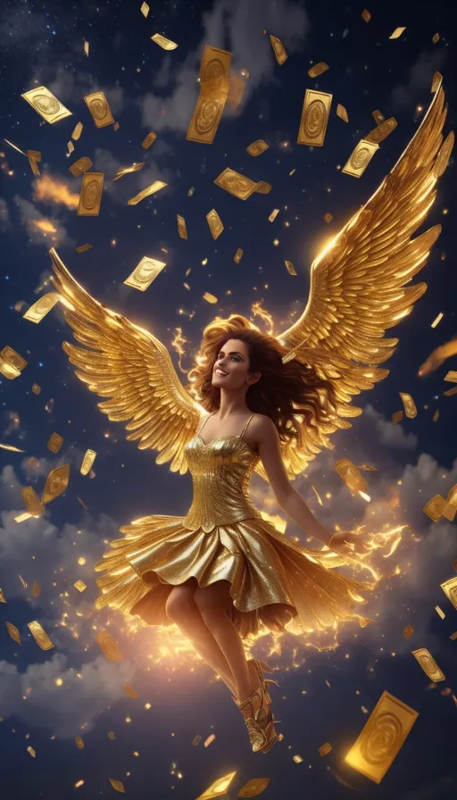 a woman in a gold dress flying through the air