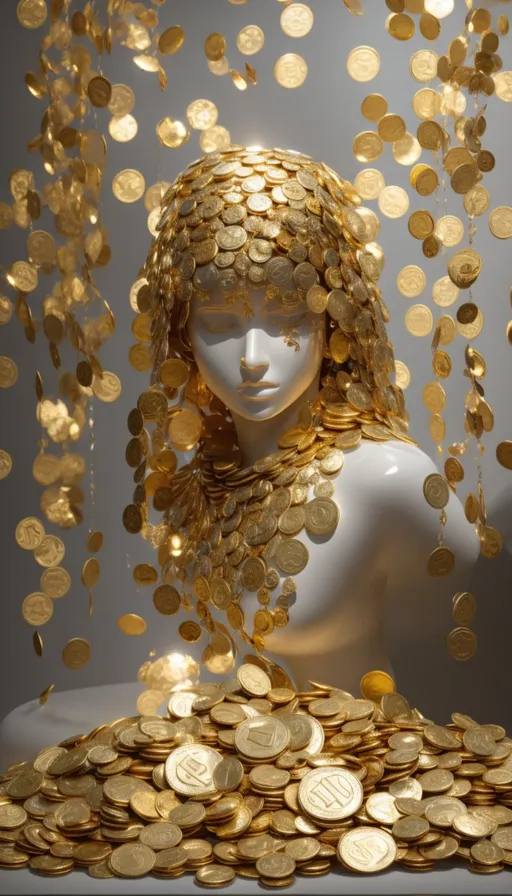 a mannequin is surrounded by gold coins