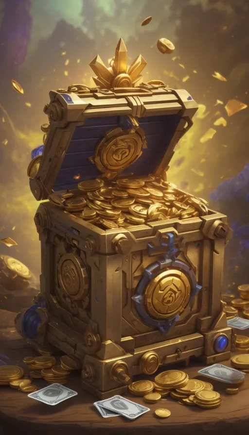 a gold chest with a bunch of gold coins around it