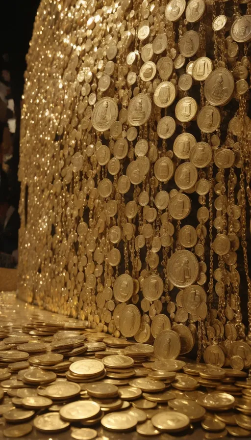 a bunch of gold coins sitting on top of a table