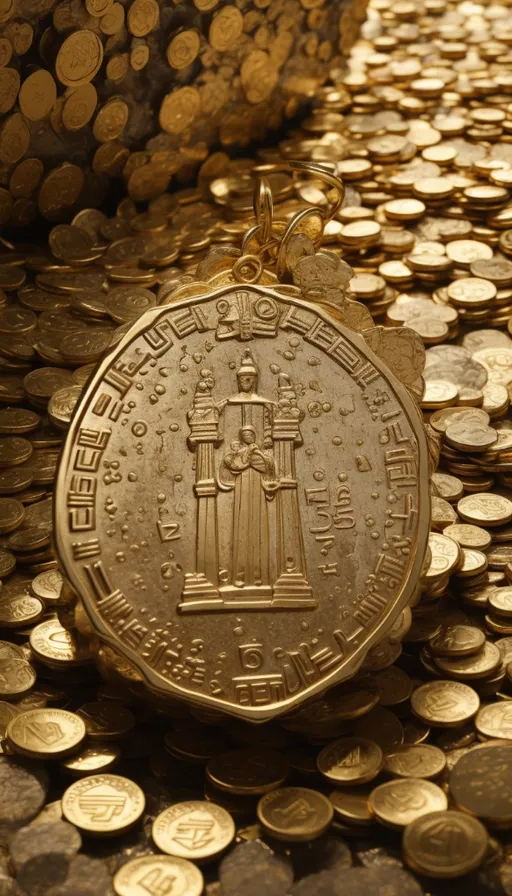 a gold coin sitting on top of a pile of coins