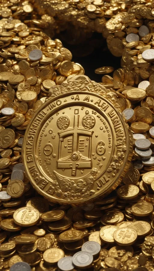 a pile of gold coins with a bitcoin in the middle