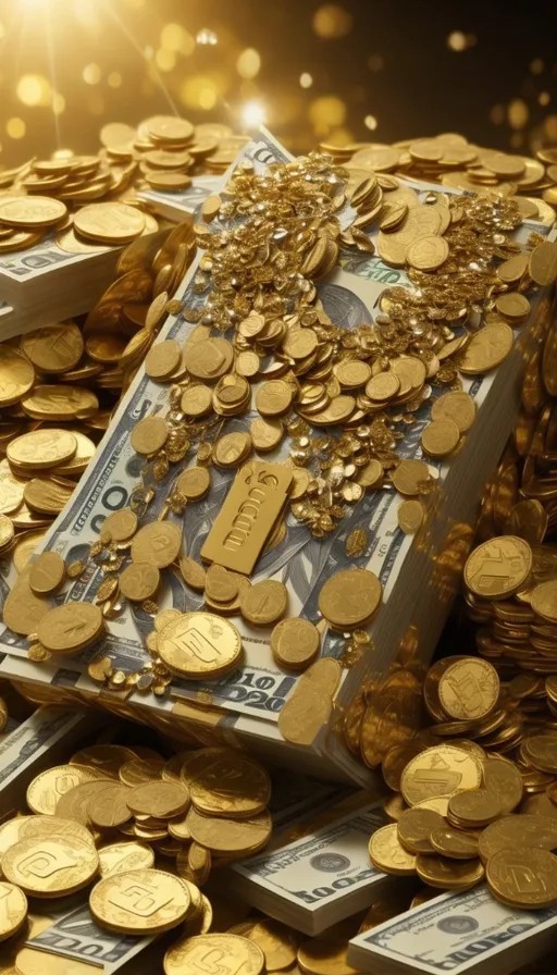 a pile of gold coins and a cell phone