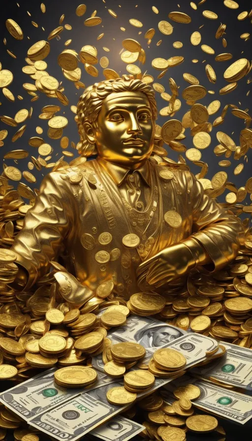 a golden buddha statue surrounded by money