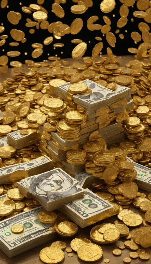 a pile of money sitting on top of a wooden table