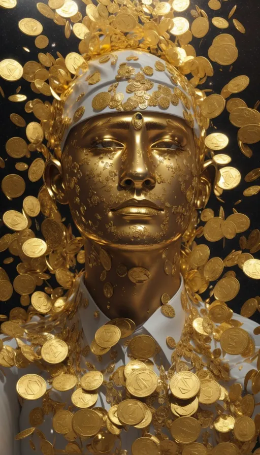 a statue of a woman with gold coins on her head