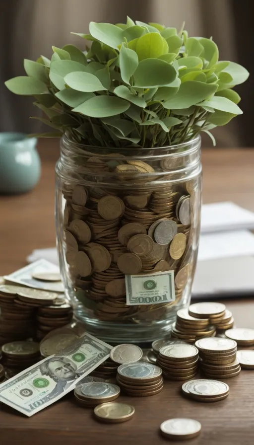 a glass jar filled with coins and a plant