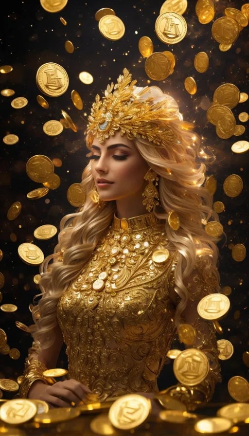 a woman in a golden dress surrounded by gold coins