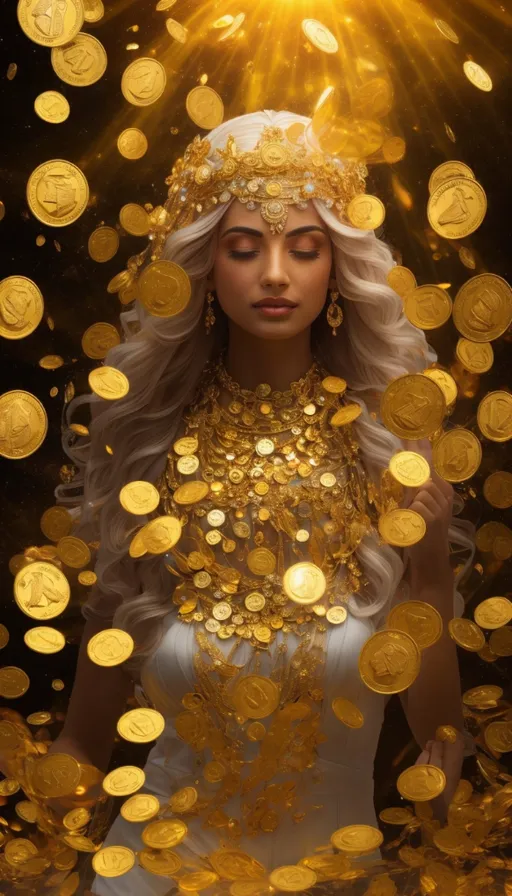 a woman in a white dress surrounded by gold coins