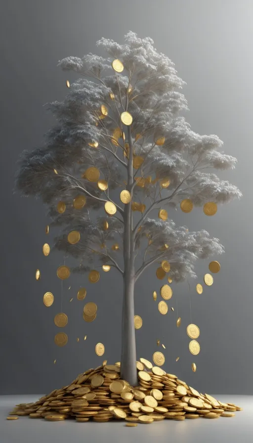 a tree that is sitting on top of a pile of coins