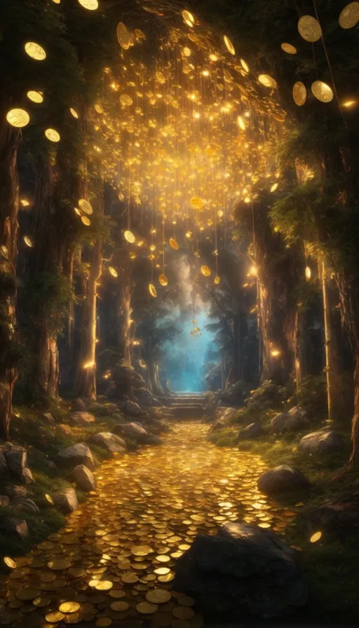 a painting of a forest with lots of gold coins