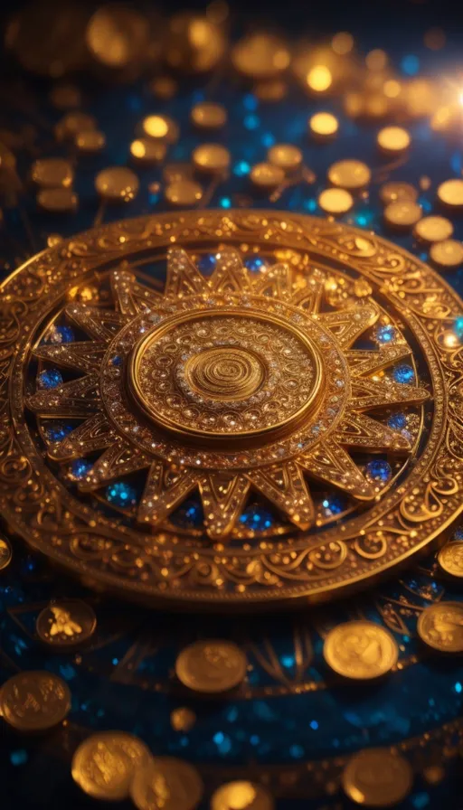 a close up of a gold coin with a candle in the background