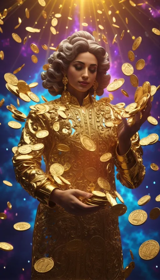 a woman in a golden outfit surrounded by gold coins