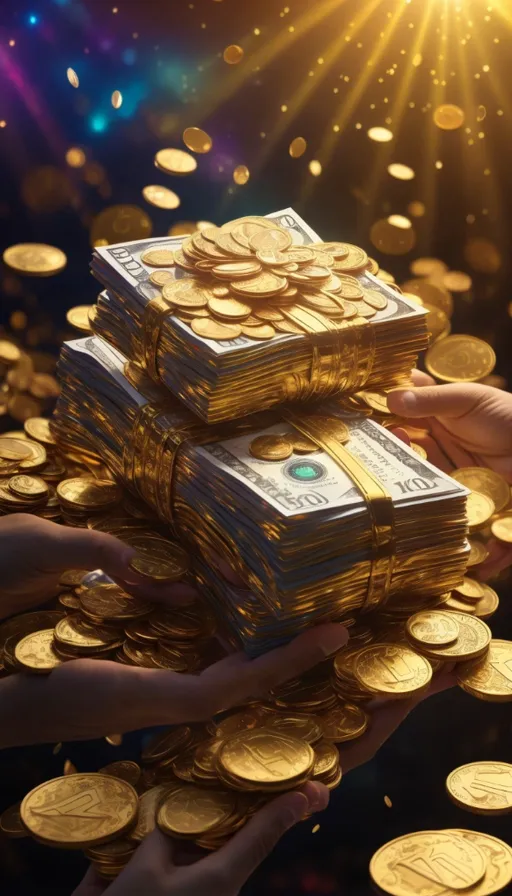 a pile of gold coins being held by two hands