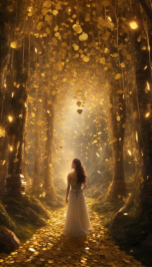 a woman standing in the middle of a forest surrounded by gold coins