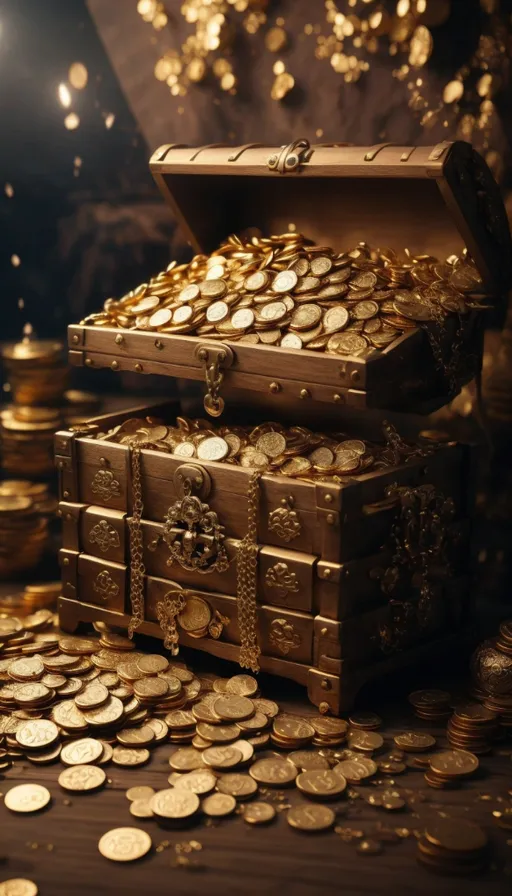 a chest full of gold coins on a table