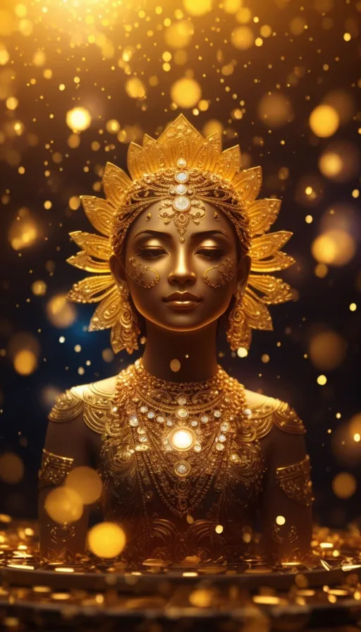 a woman with a golden headdress and gold jewelry