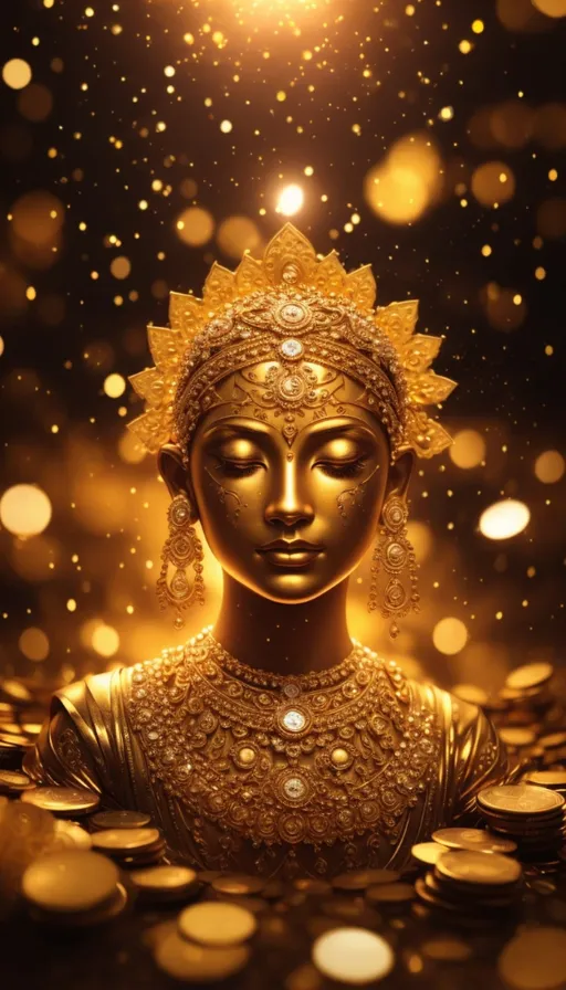 a buddha statue surrounded by gold coins