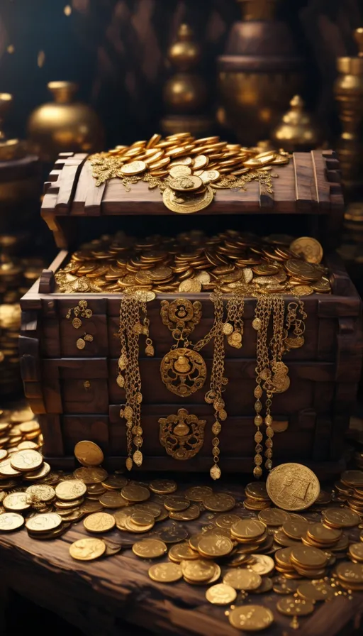 a chest of gold coins on a table