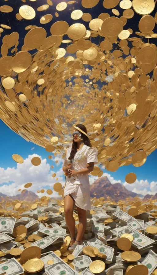 a woman standing in front of a pile of money