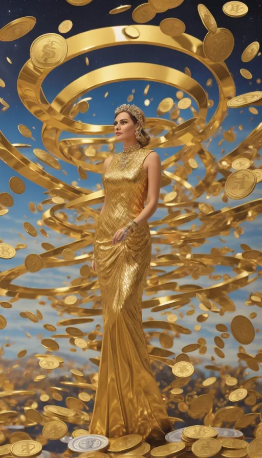 a woman in a gold dress standing in front of gold coins