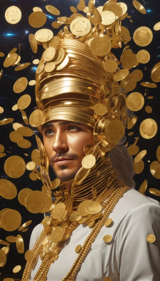 a man in a gold headdress surrounded by gold coins